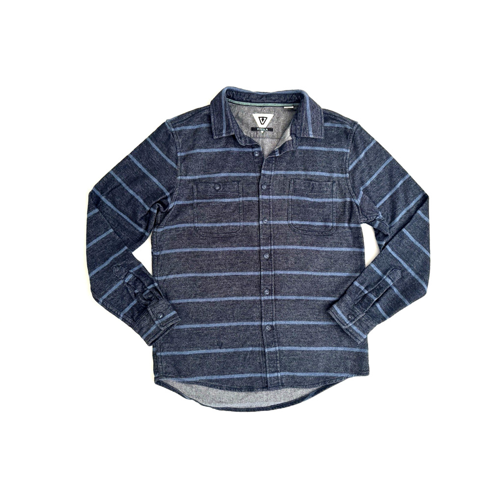 Vissla Shirt Small Collar Long-Sleeve Button-Up Blue Stripe Soft Cotton Flannel